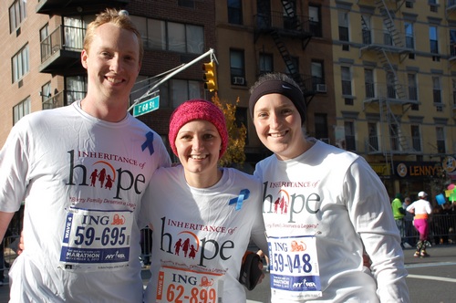 David, Lindsey, and Rebecca running with Team IoH in the NYC Marathon