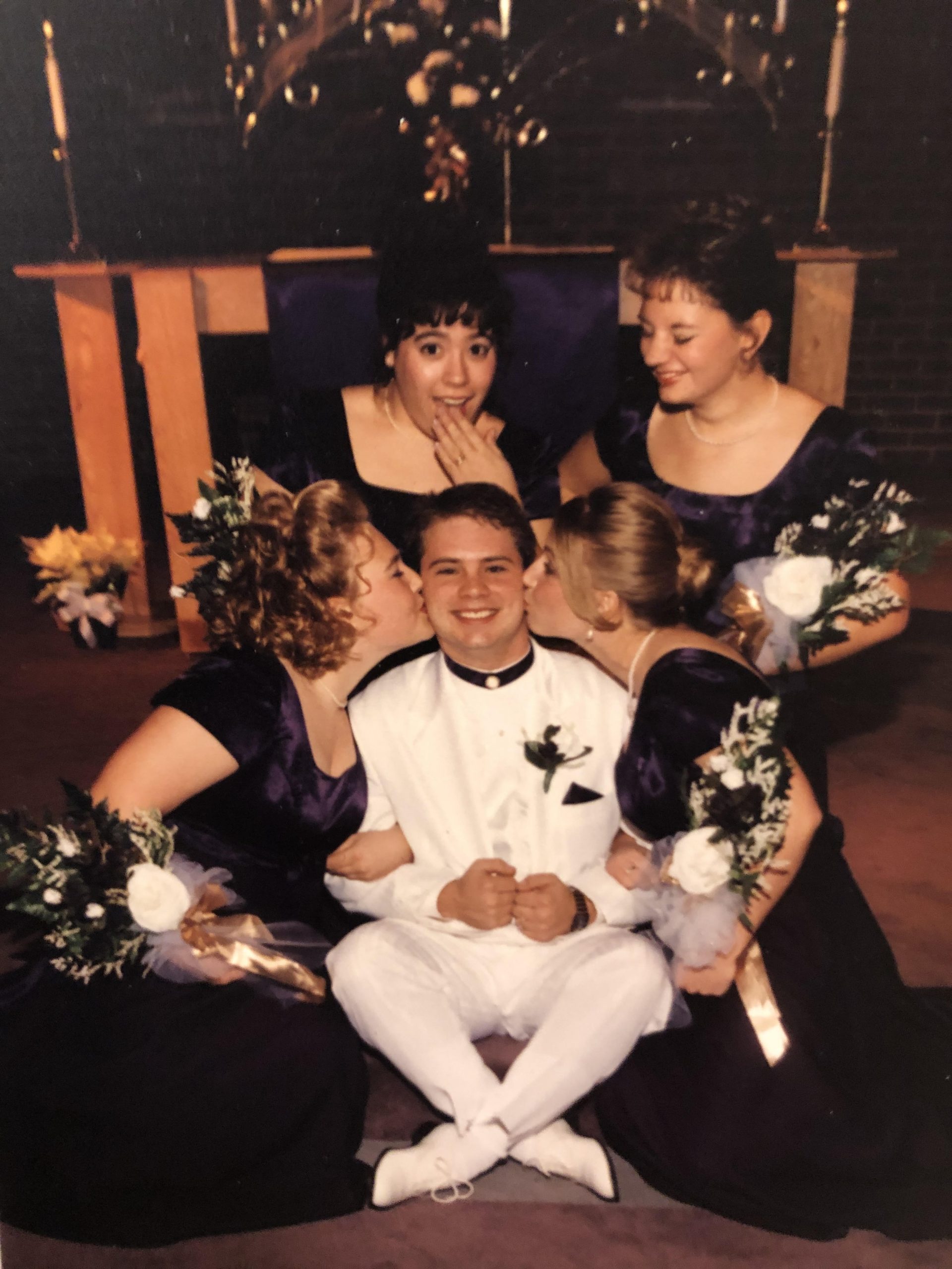 Maria (top left) and Greg were both in Chris (center) and Peggy’s 1997 wedding...