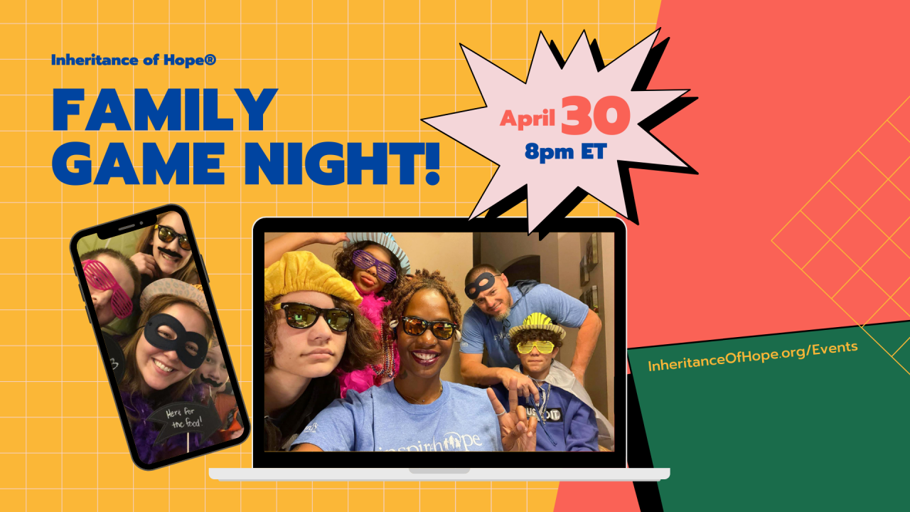 Inheritance of Hope family game night banner with two pictures of participants from the event