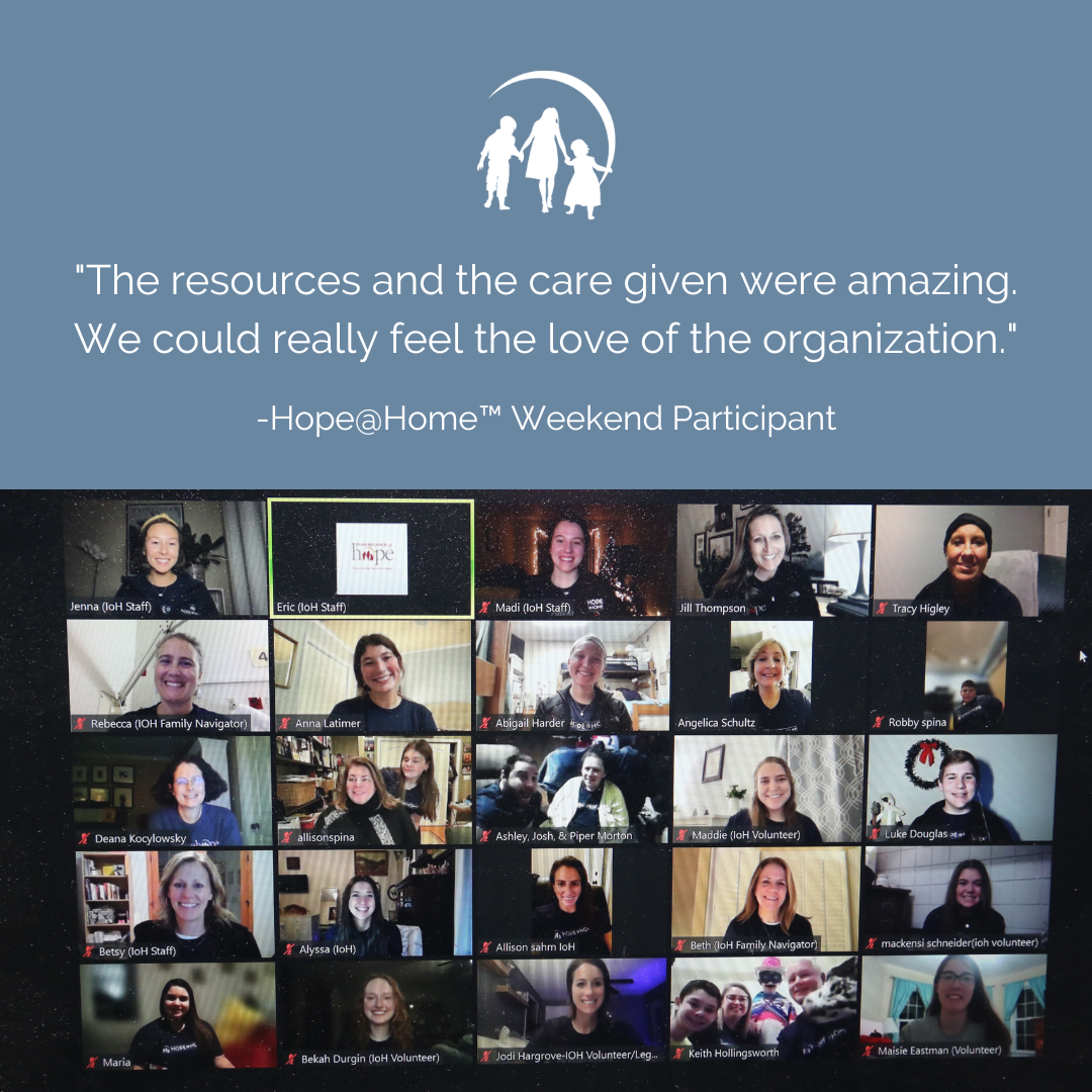 A banner with quote from a Hope@Home participant positioned above a screenshot of a group video call