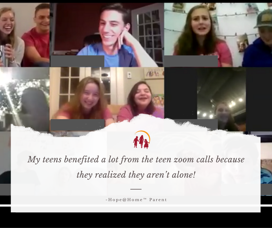 Hope@Home parents smiling and laughing in a group video call with a quote from one of the participants