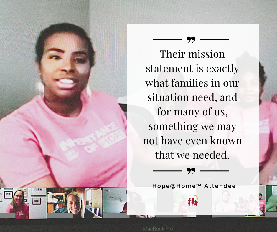 Hope@Home attendee smiling in a group video call with a quote from one of the participants