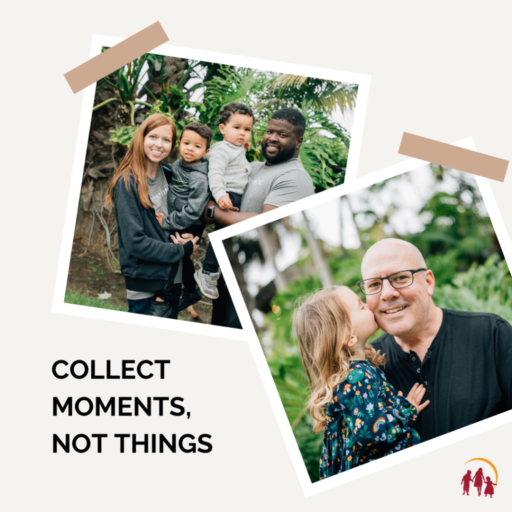 Two photos, the first shows a man and woman smiling while holding two children, the second shows a little girl kissing a family member on the cheek.