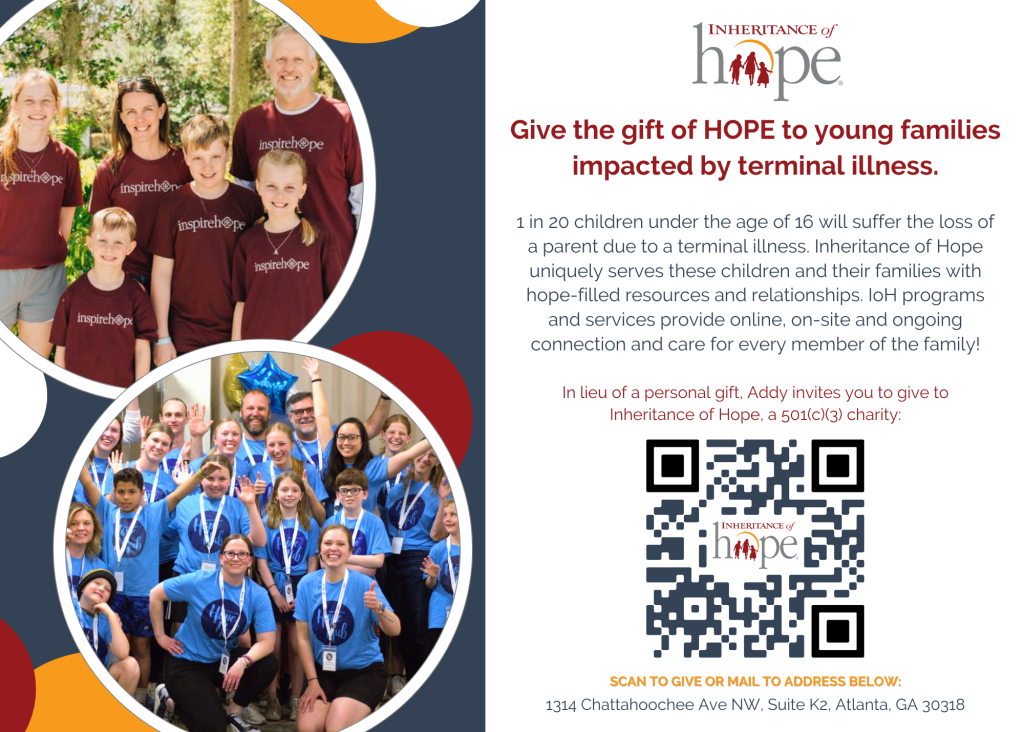 Addy Crow fundraiser flyer from Inheritance of Hope picturing two groups of smiling team members and volunteers.