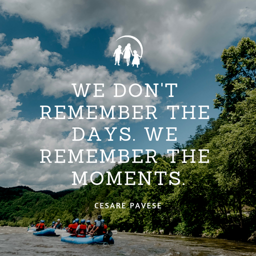 A group of people river rafting through a scenic mountainous region with a quote reading, "We don't remember the days. We remember the moments"
