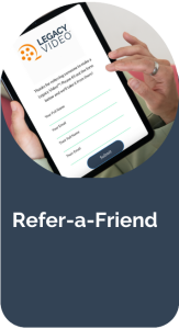 Image representing the Inheritance of Hope Legacy Video app being used on a tablet with text 'refer-a-friend' shown below.