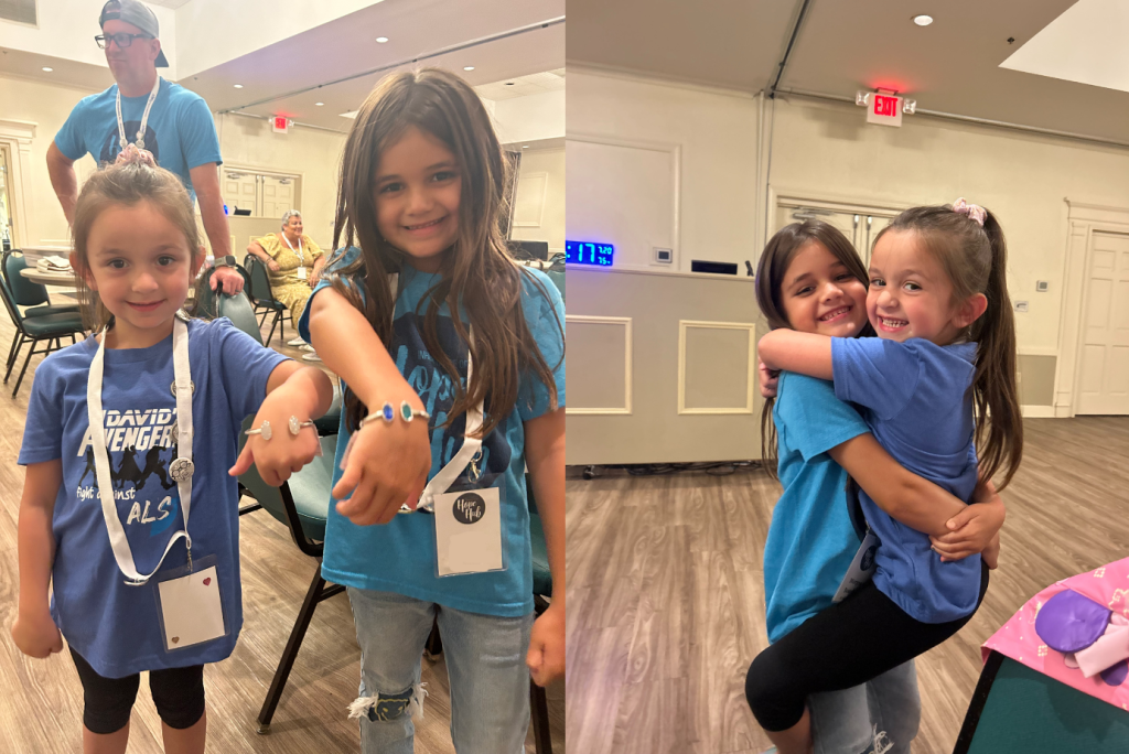 Two images showing two smiling young girls wearing blue shirts, both with a parent facing ALS, who found a community of people who “get it” right in their city through local Hope Hubs.