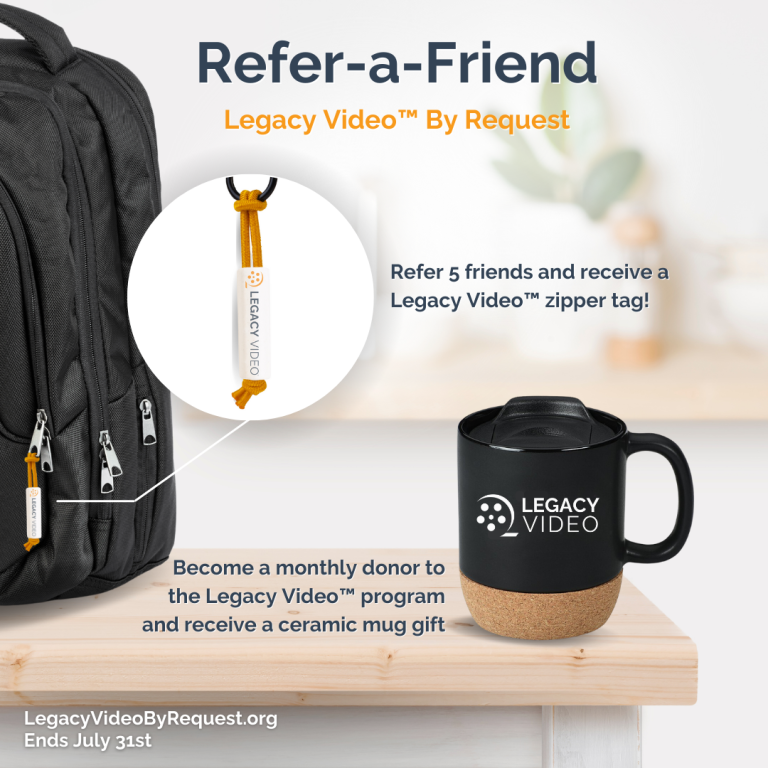 Image showing donor gifts including a Legacy Video zipper tag for referring friends to Legacy Video.