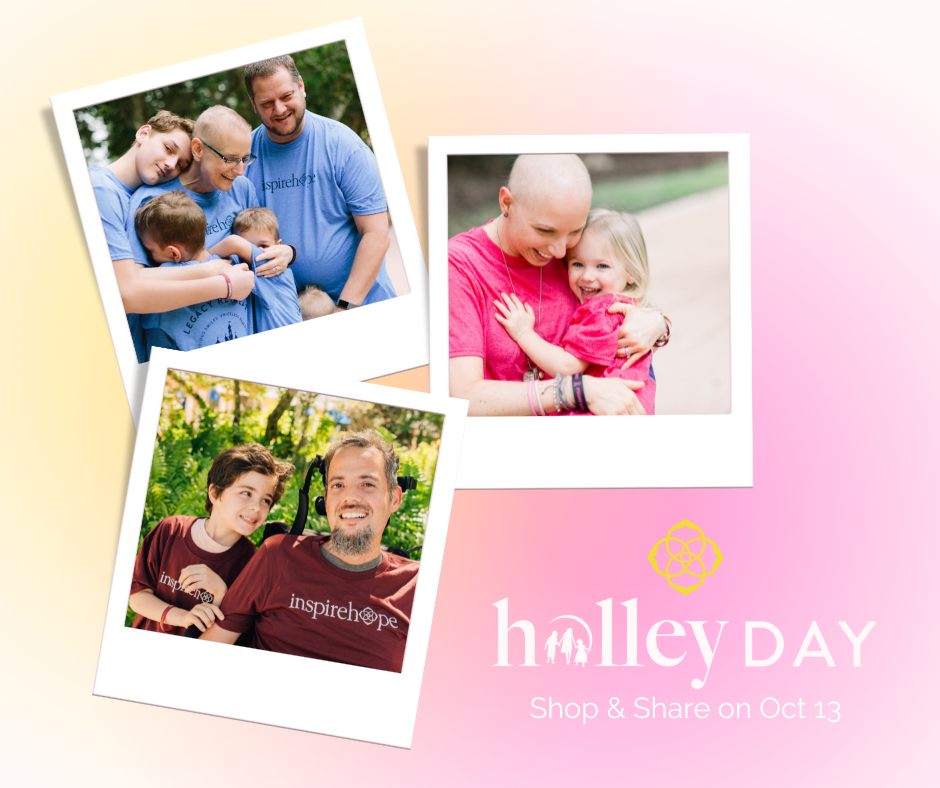 A Holley Day flyer with three polaroid pictures of IOH families smiling and hugging