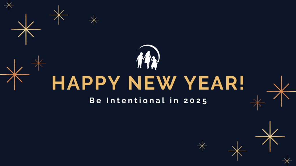 Graphic that says "Happy New Year! Be intentional in 2025" surrounded by sparkles