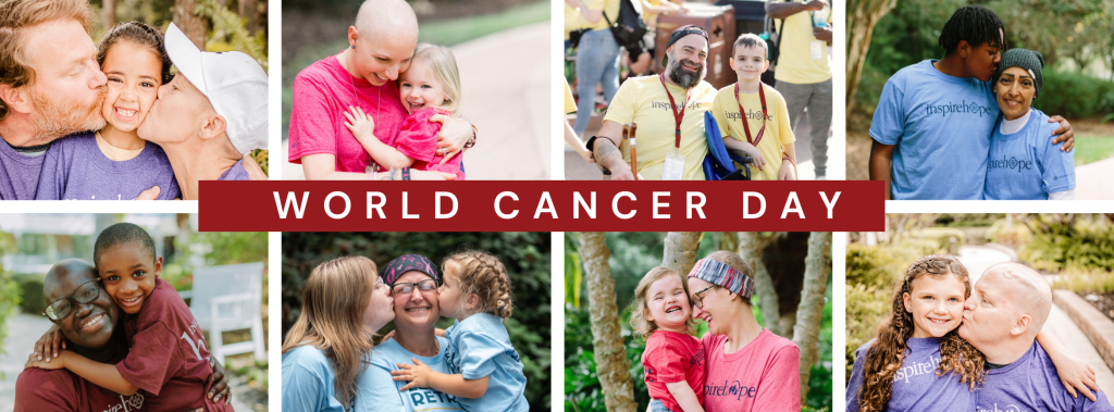 Collage of young families with a parent who has terminal cancer, embracing and smiling, wearing Inspire Hope shirts, with "World Cancer Day" in bold white letters on a red banner.