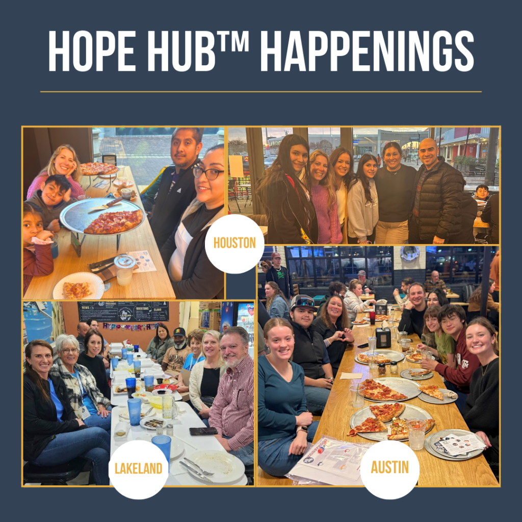 A collage of photos from Inheritance of Hope's Hope Hub™ gatherings in Houston, Lakeland, and Austin, showing families, volunteers, and staff enjoying food and community time together