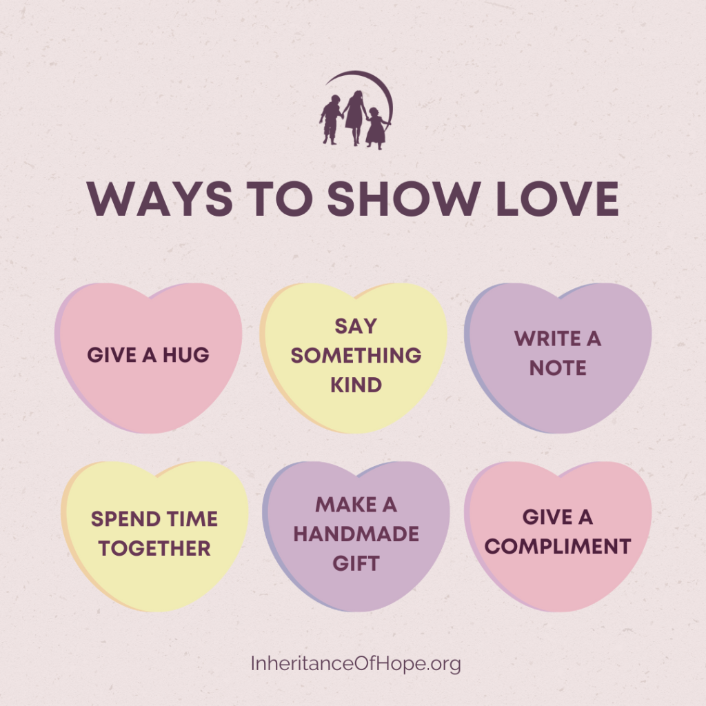 A Valentine-themed graphic from Inheritance of Hope titled "Ways to Show Love," featuring six heart-shaped messages: Give a Hug, Say Something Kind, Write a Note, Spend Time Together, Make a Handmade Gift, and Give a Compliment.