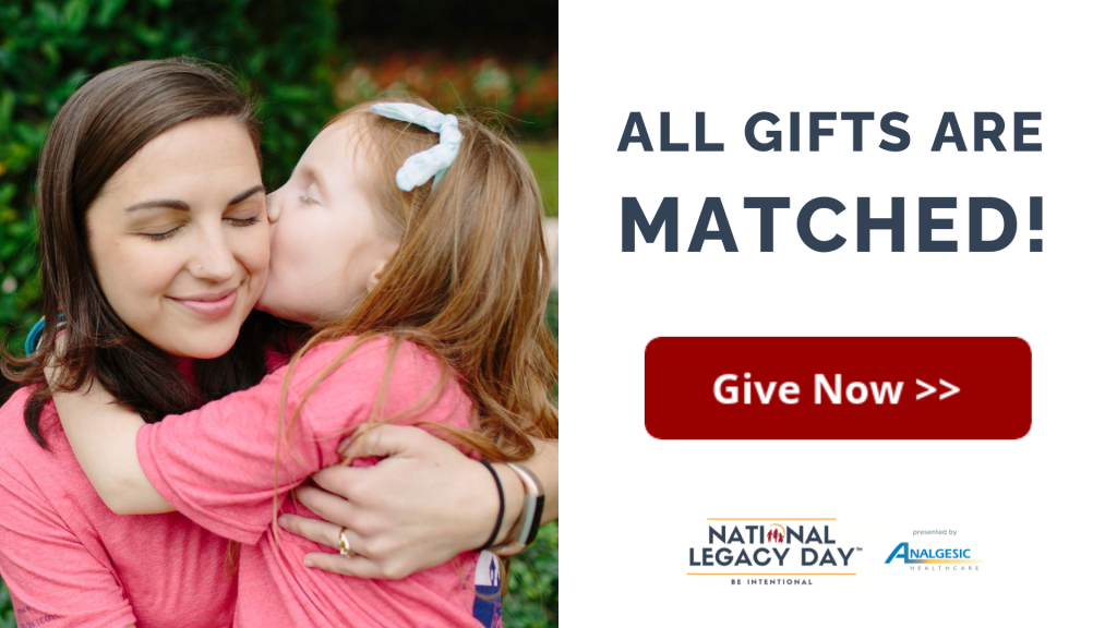 A graphic with a photo of a mom being kissed on the cheek by her daughter and text to the side that says "all gifts are matched" with a button that says "give now."