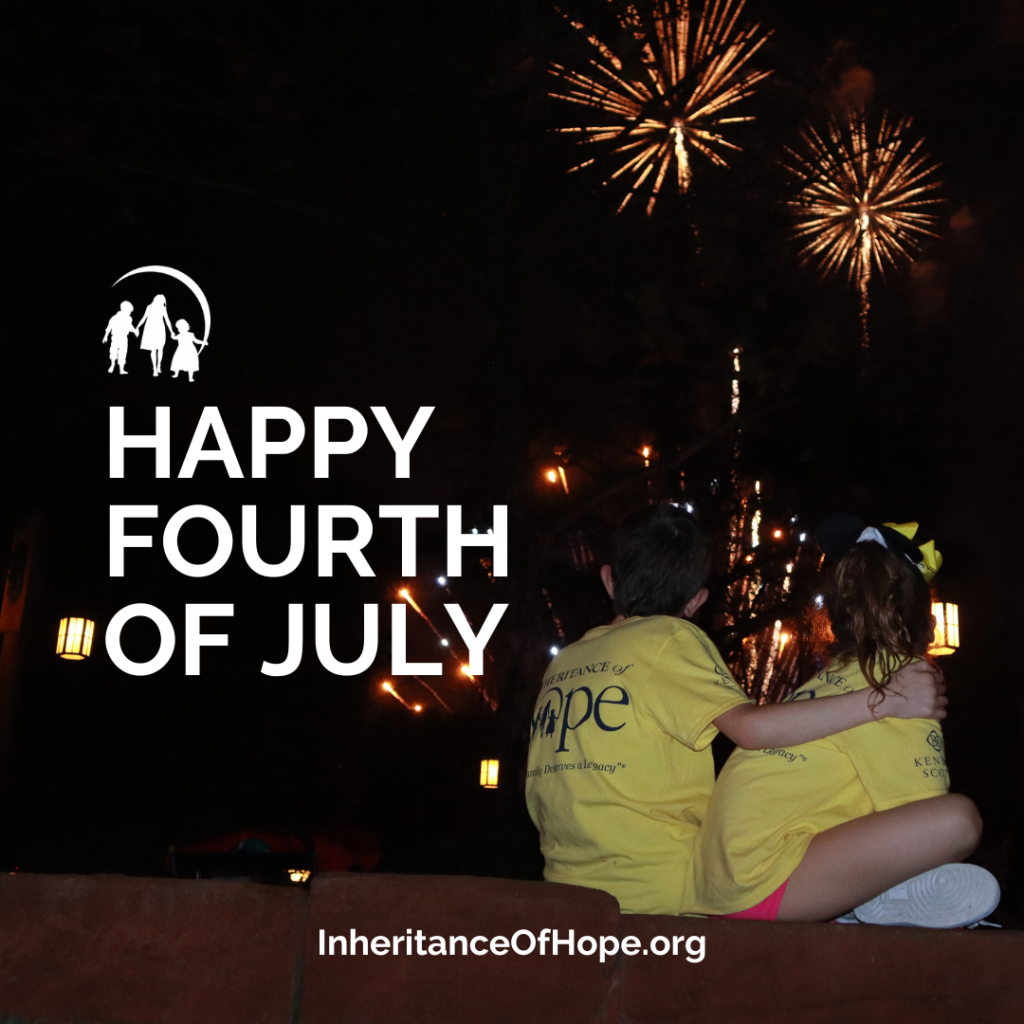 A photo of two kids with their arms around each other as they watch fireworks. Written on the graphic is "Happy Fourth of July" and the