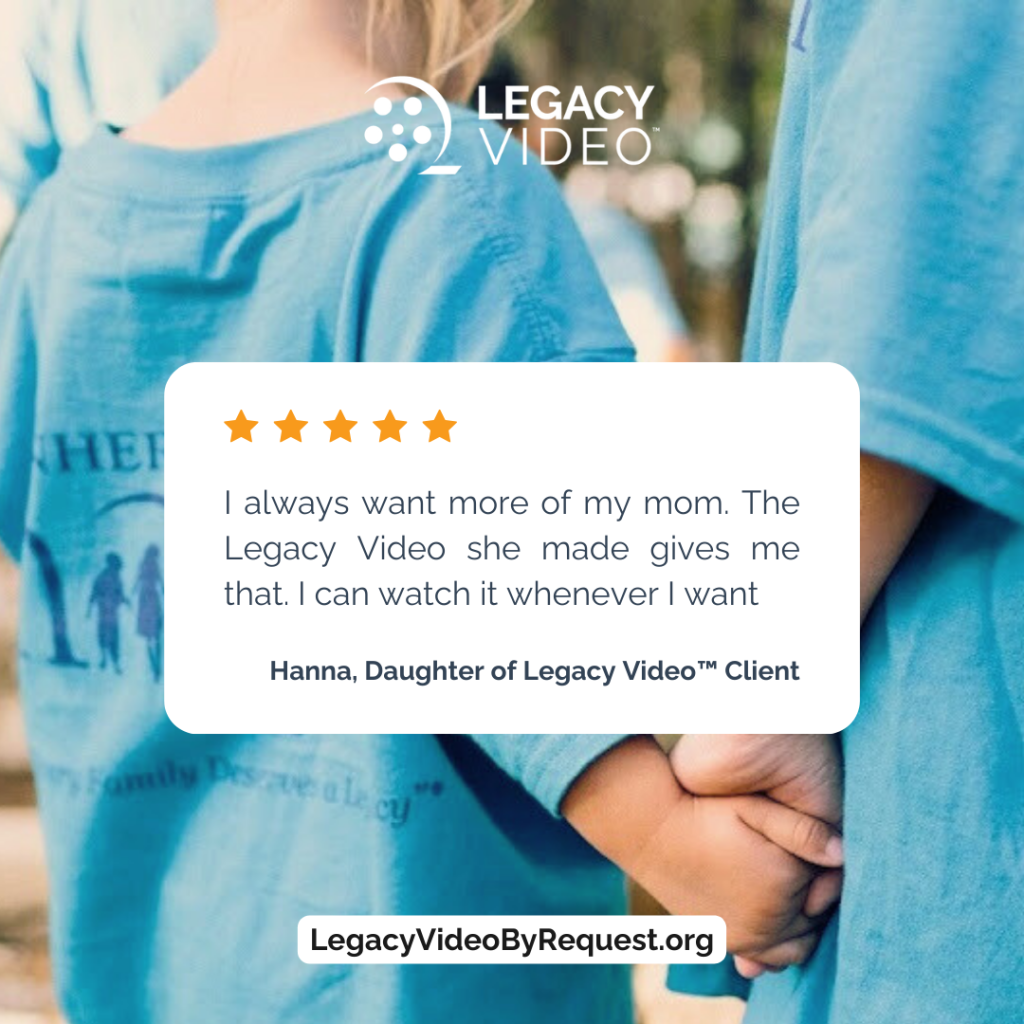 Two children in matching blue shirts hold hands, with a testimonial about Legacy Video overlaid: “I always want more of my mom. The Legacy Video she made gives me that.”