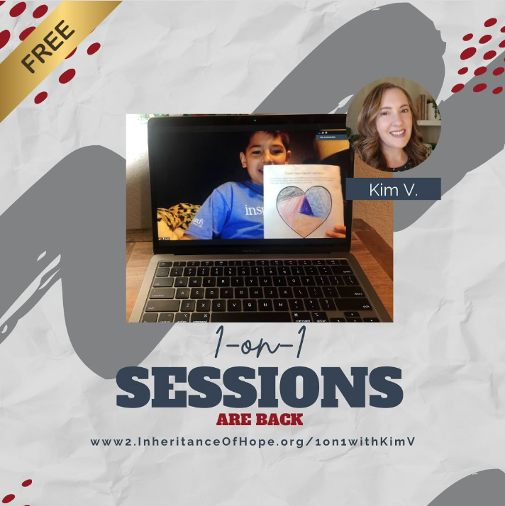 Laptop screen showing a smiling child holding a heart drawing during a virtual session; text reads "1-on-1 Sessions Are Back – Free – Kim V." with a link to sign up.