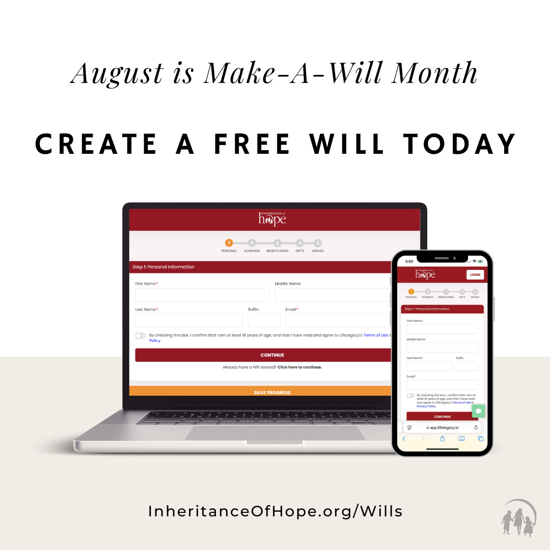 August is Make-A-Will Month graphic with laptop and phone showing free will creation tool