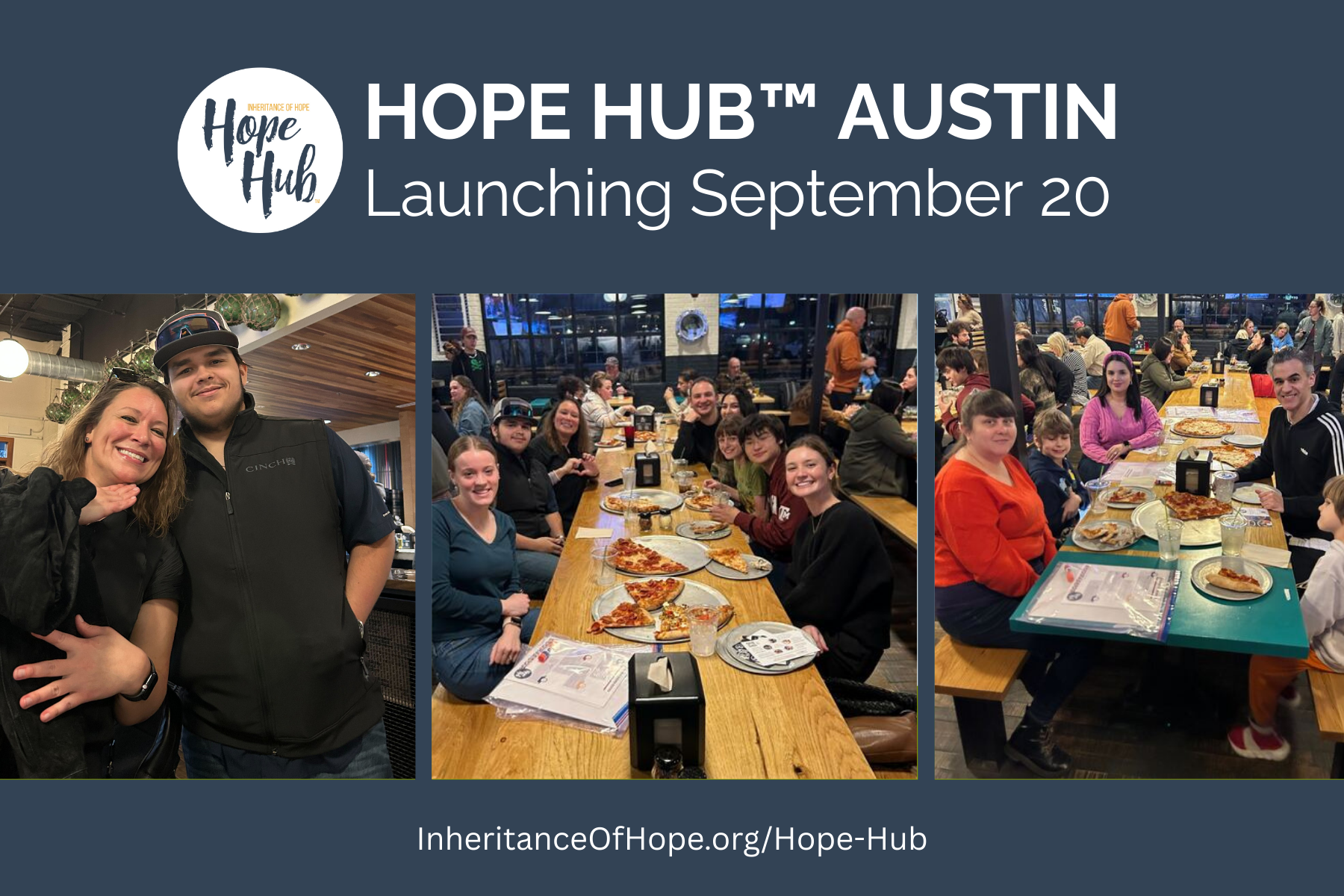 Families enjoying pizza together at a Hope Hub community gathering, with text announcing Hope Hub Austin launching September 20.