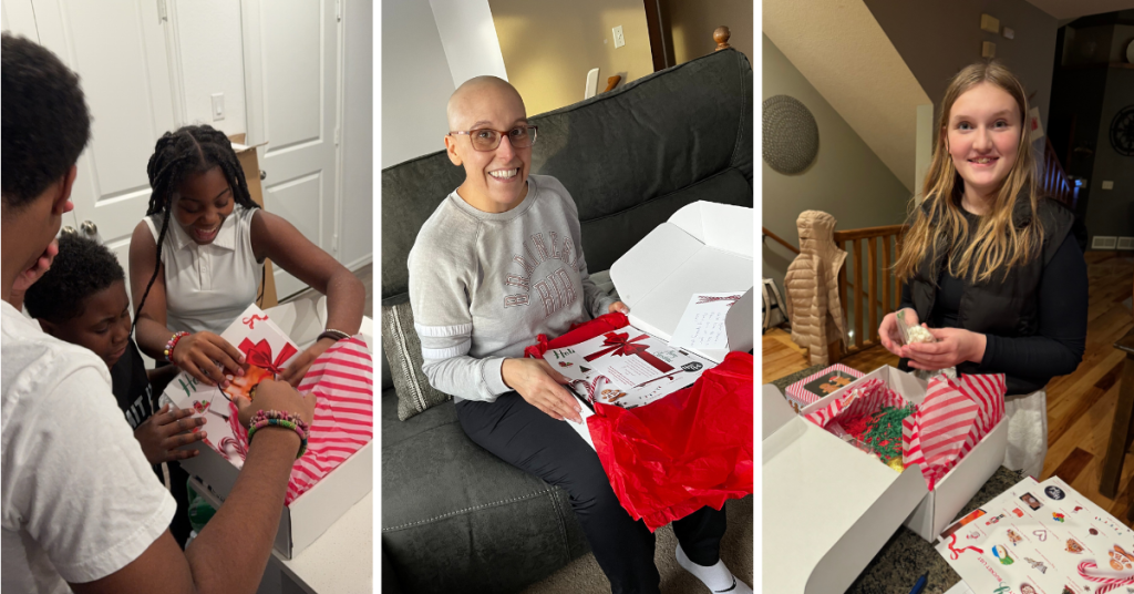 Photos of families unwrapping and enjoying a holiday gift