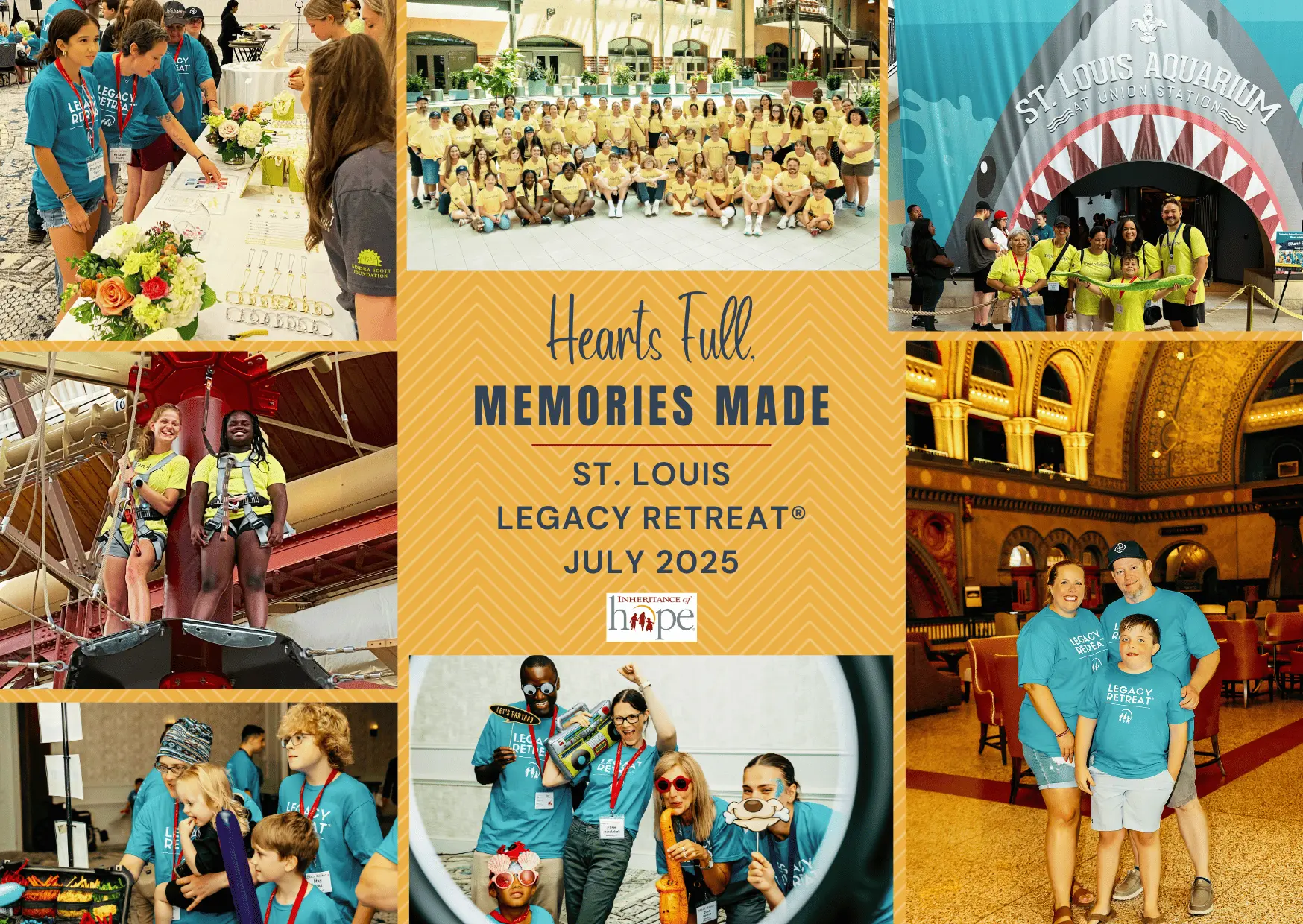A collage filled with families making memories at a Legacy Retreat. In the center is text that reads "Hearts full: memories made. St. Louis Legacy Retreat, July 2025"