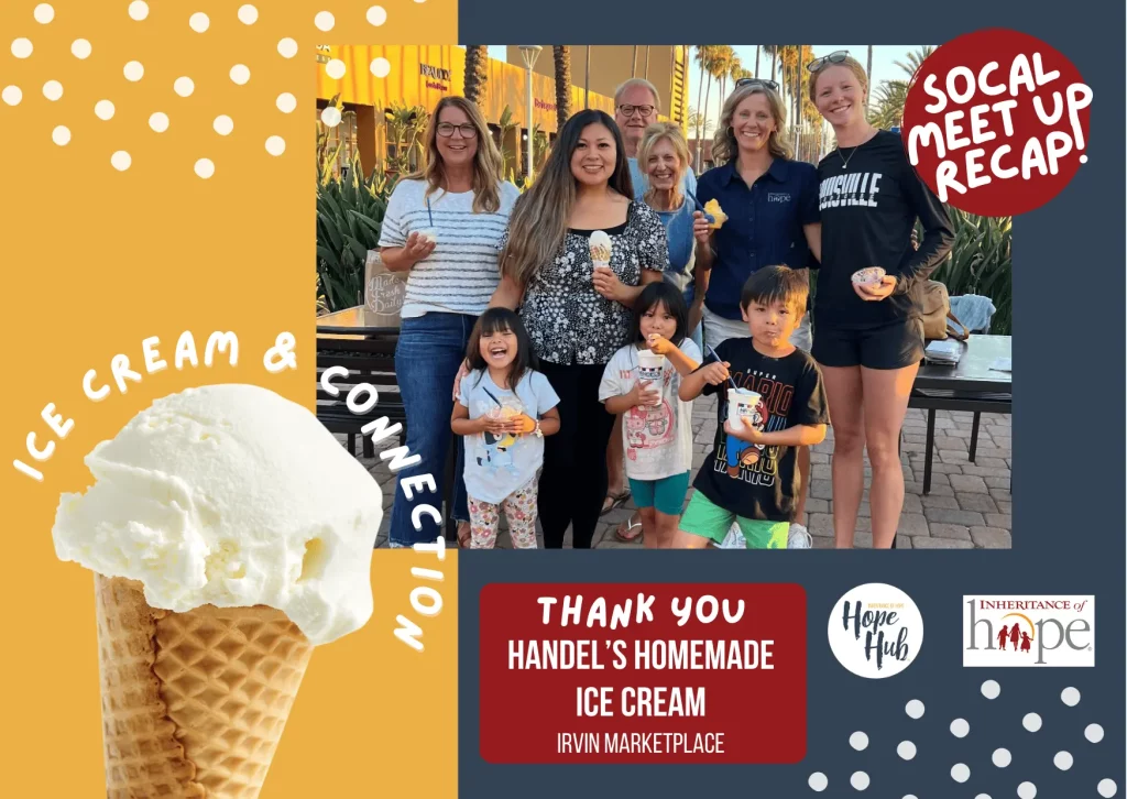 Group of families smiling and eating ice cream at an outdoor meetup event.