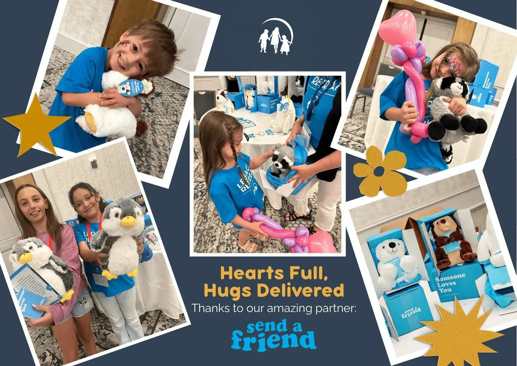 A photo collage of children with stuffed animals. Written on the graphic is "Hearts full, hugs delivered, thanks to our amazing partners Send a Friend"
