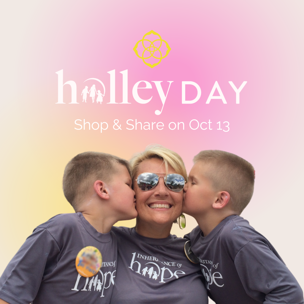 Photo of a young mom being kissed on the cheek by her two sons. Above her is text that says "Holley Day. Shop & share on October 13."