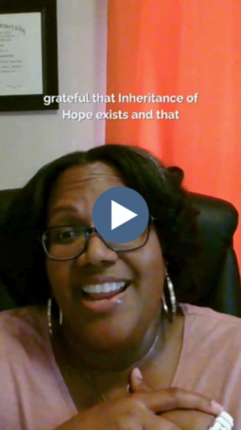 Screenshot of a video of a mother sharing a testimonial about Inheritance of Hope