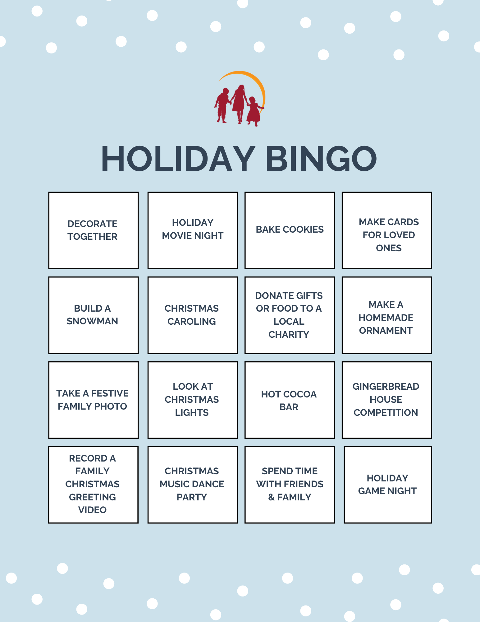 A holiday bingo board with ideas for families to be intentional
